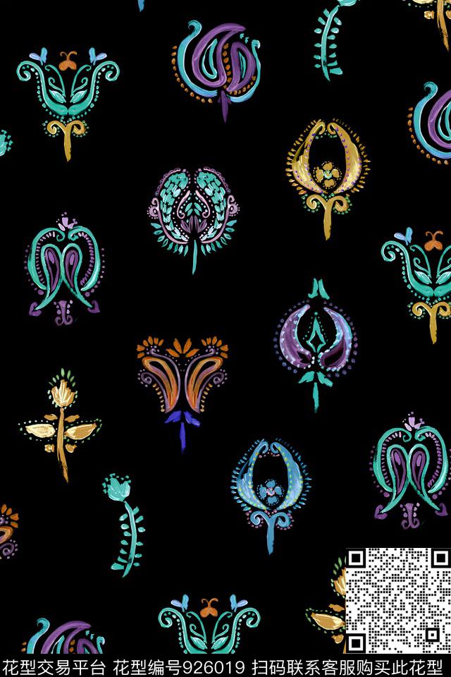 民族风水彩花卉民族花卉数码印花华亿平台下载（图片编号: 926019） - 瓦栏（Walan）