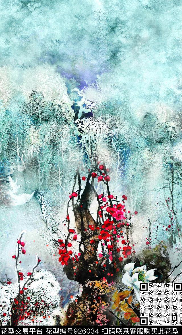 花卉中国风国画数码印花华亿平台下载（图片编号: 926034） - 瓦栏（Walan）