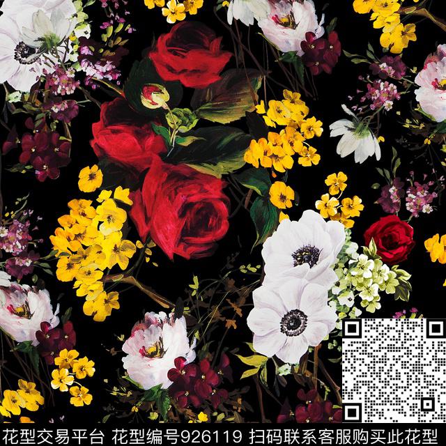 花卉玫瑰花手绘玫瑰数码印花华亿平台下载（图片编号: 926119） - 瓦栏（Walan）