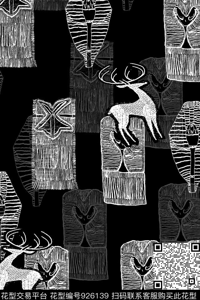 鹿抽象动物传统印花华亿平台下载（图片编号: 926139） - 瓦栏（Walan）