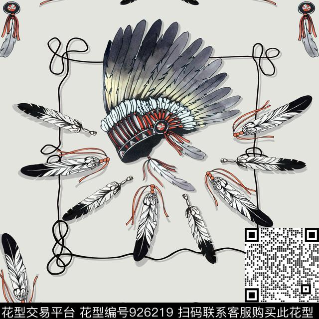 民族风线条羽毛数码印花华亿平台下载（图片编号: 926219） - 瓦栏（Walan）