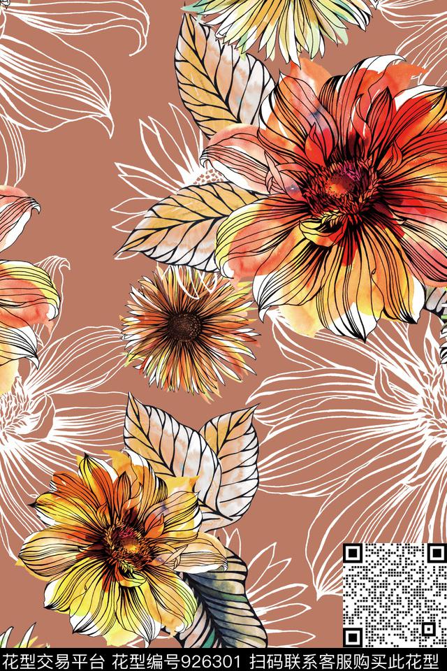 花卉线条花卉大花数码印花华亿平台下载（图片编号: 926301） - 瓦栏（Walan）