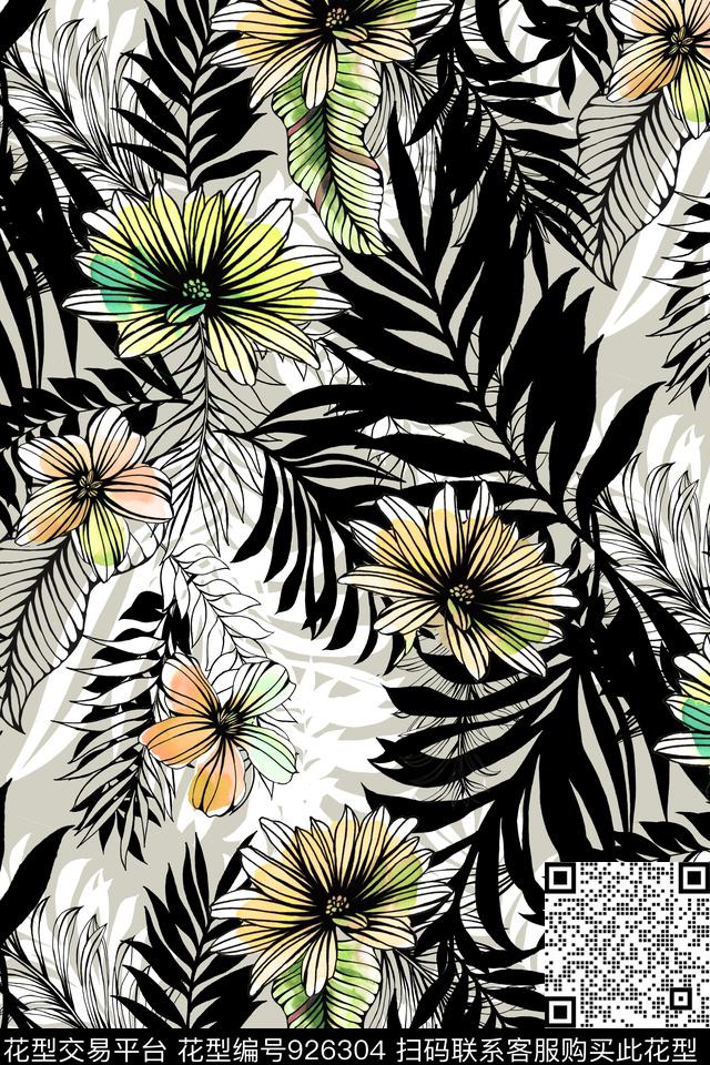 花卉线条花卉大花数码印花华亿平台下载（图片编号: 926304） - 瓦栏（Walan）