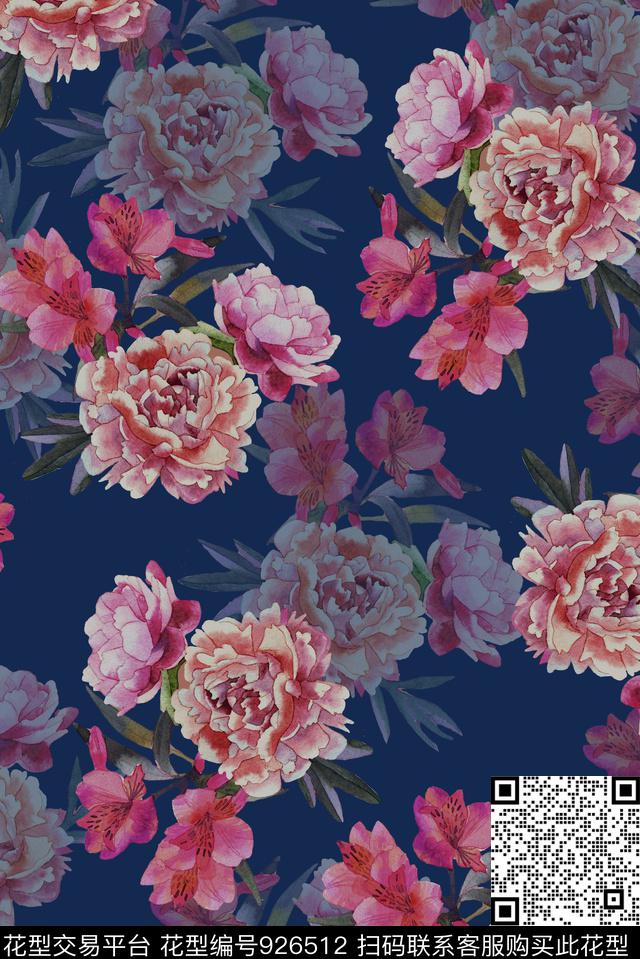 水彩花卉黑底花卉手绘花卉数码印花华亿平台下载（图片编号: 926512） - 瓦栏（Walan）