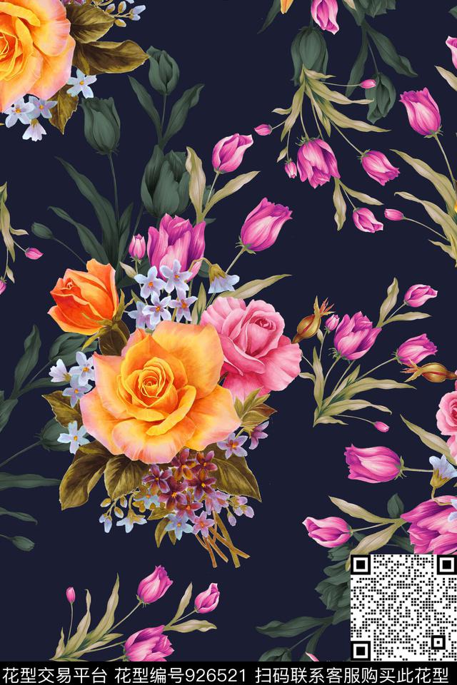郁金香彩底花卉手绘花卉数码印花华亿平台下载（图片编号: 926521） - 瓦栏（Walan）