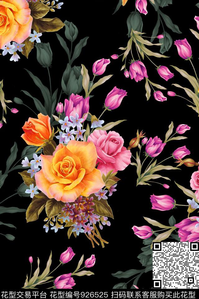 郁金香彩底花卉手绘花卉数码印花华亿平台下载（图片编号: 926525） - 瓦栏（Walan）