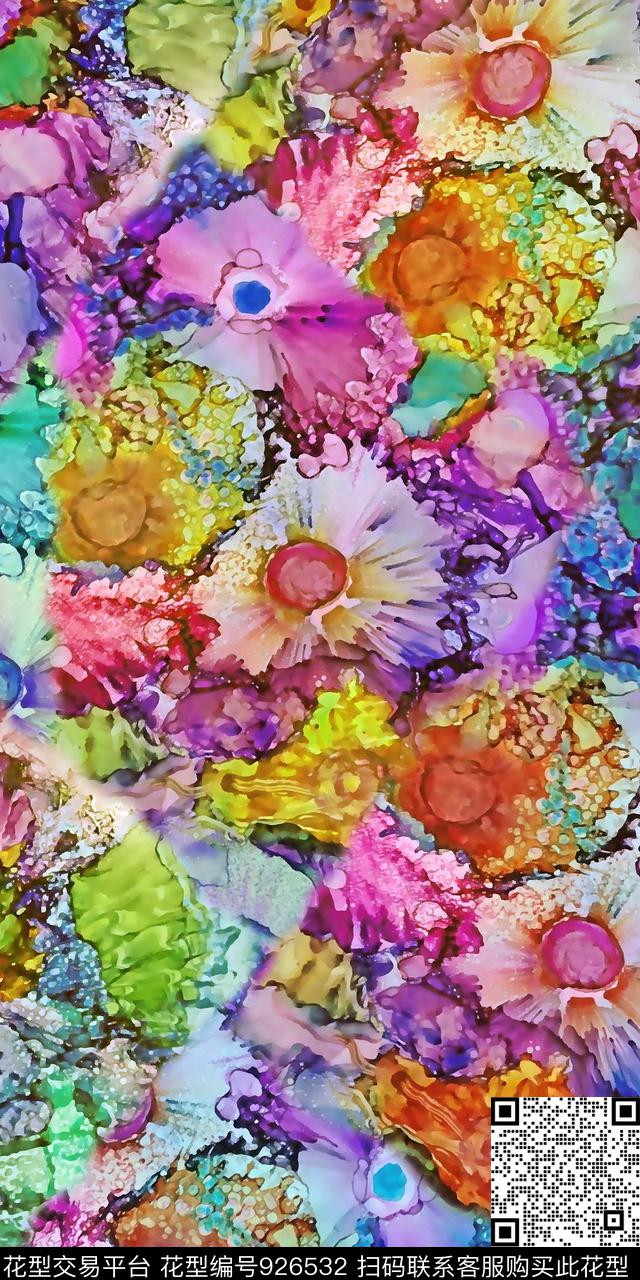花卉抽象水彩花卉数码印花华亿平台下载（图片编号: 926532） - 瓦栏（Walan）