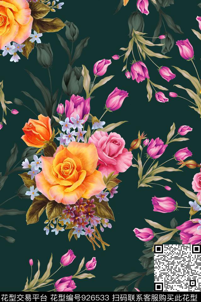 郁金香彩底花卉手绘花卉数码印花华亿平台下载（图片编号: 926533） - 瓦栏（Walan）