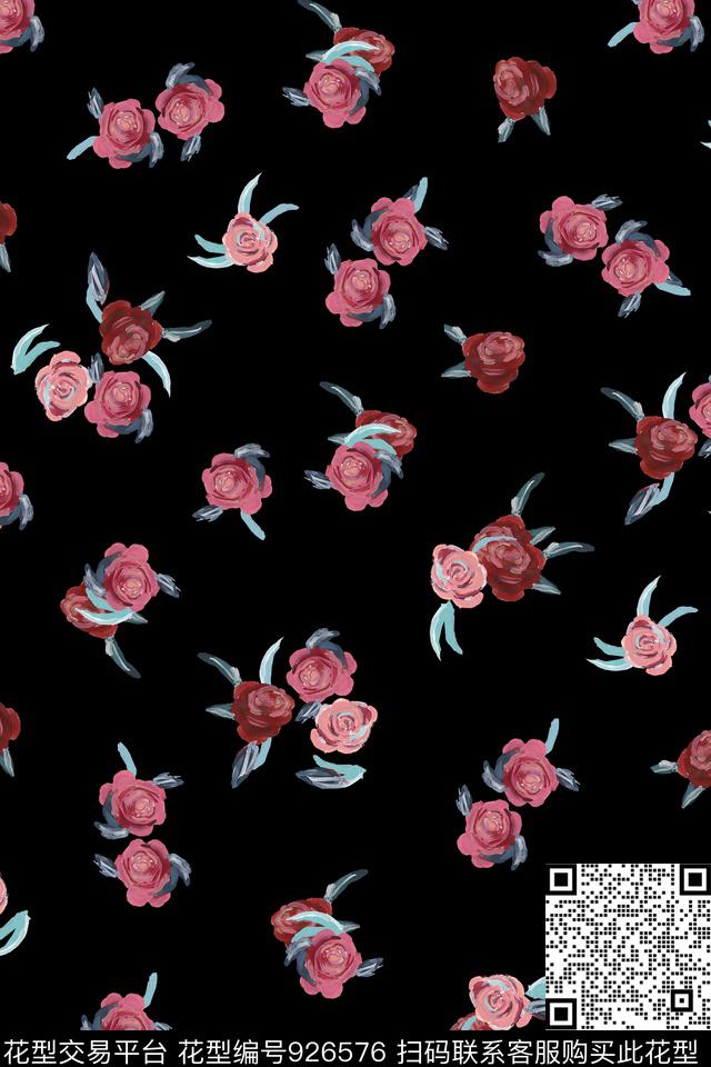 水彩花卉黑底花卉手绘花卉数码印花华亿平台下载（图片编号: 926576） - 瓦栏（Walan）