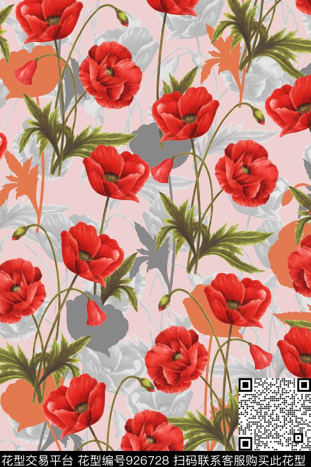 彩底花卉手绘花卉罂粟花数码印花华亿平台下载（图片编号: 926728） - 瓦栏（Walan）