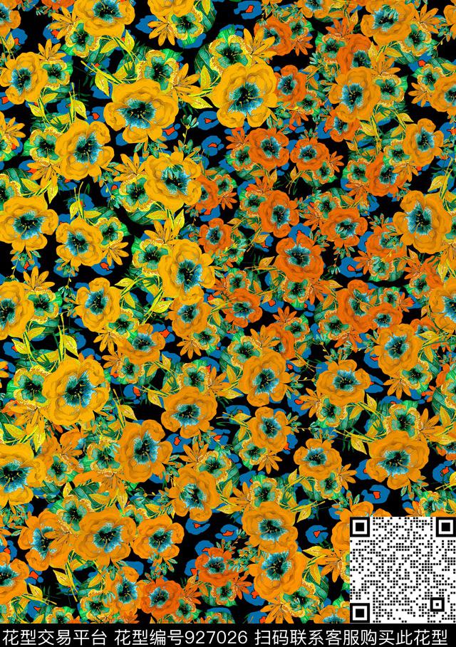 花卉连衣裙豹纹底花数码印花华亿平台下载（图片编号: 927026） - 瓦栏（Walan）