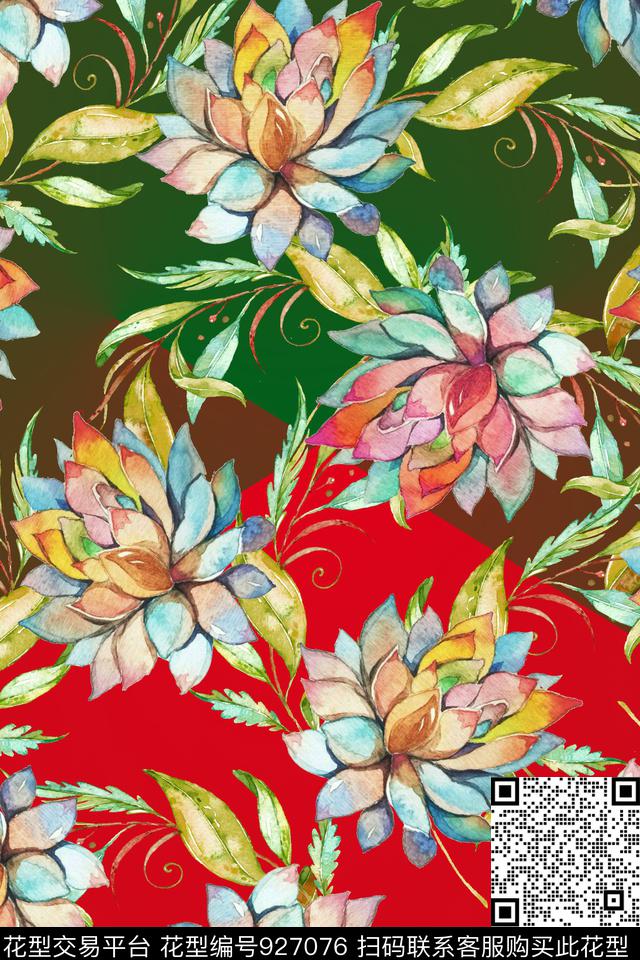 数码华亿平台水彩花卉花卉数码印花华亿平台下载（图片编号: 927076） - 瓦栏（Walan）
