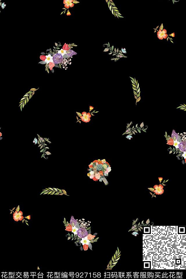 水彩花卉黑底花卉小碎花数码印花华亿平台下载（图片编号: 927158） - 瓦栏（Walan）