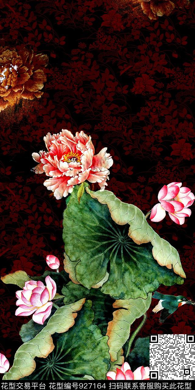 中国风定位花荷花定位花数码印花华亿平台下载（图片编号: 927164） - 瓦栏（Walan）