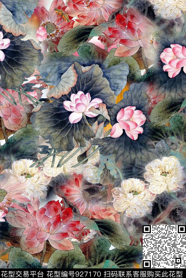 水墨风荷花水墨牡丹花数码印花华亿平台下载（图片编号: 927170） - 瓦栏（Walan）