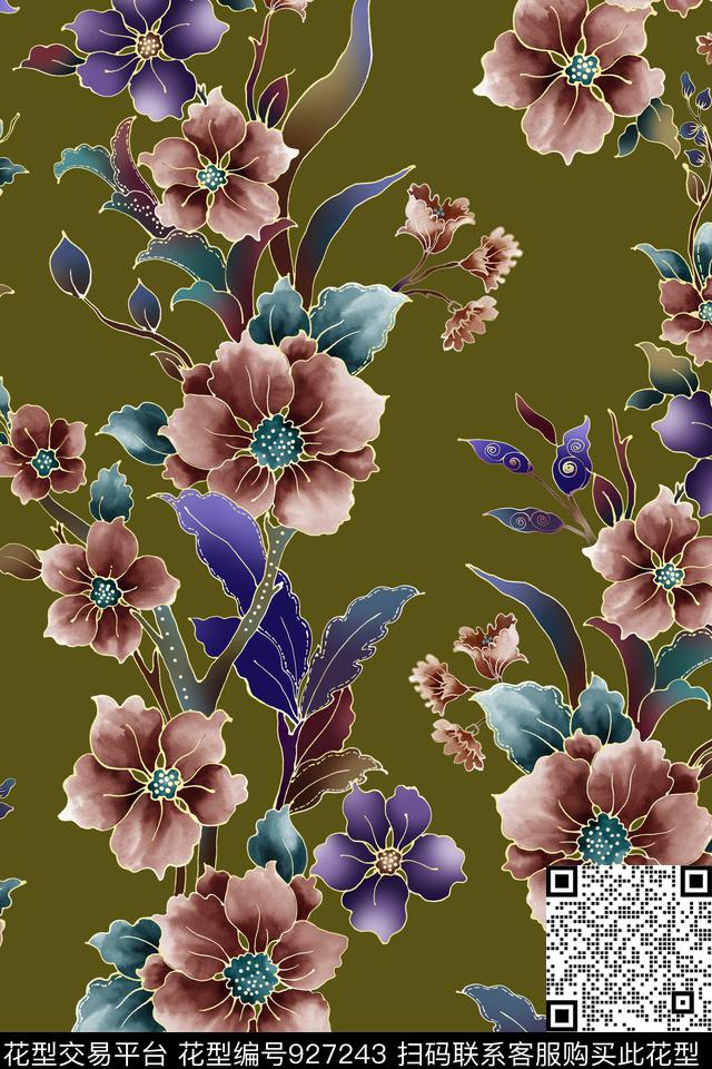 旗袍中国风手绘花卉数码印花华亿平台下载（图片编号: 927243） - 瓦栏（Walan）