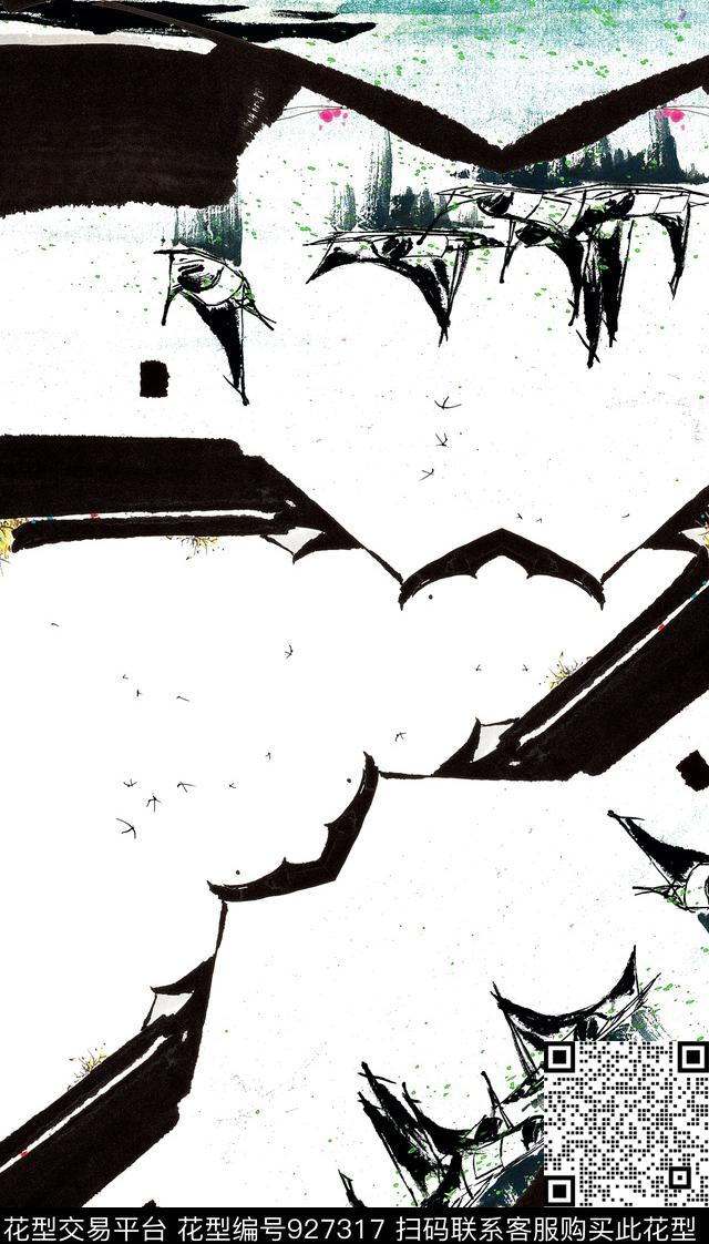 手绘花卉中国风水墨风数码印花华亿平台下载（图片编号: 927317） - 瓦栏（Walan）