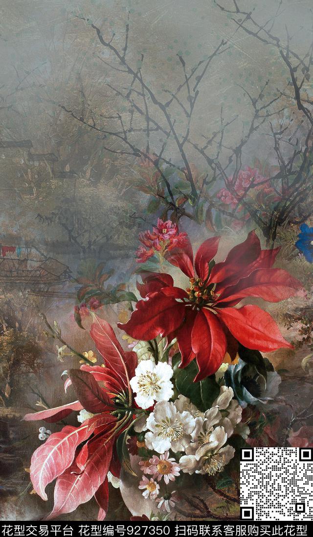 树枝油画华亿平台定位花数码印花华亿平台下载（图片编号: 927350） - 瓦栏（Walan）