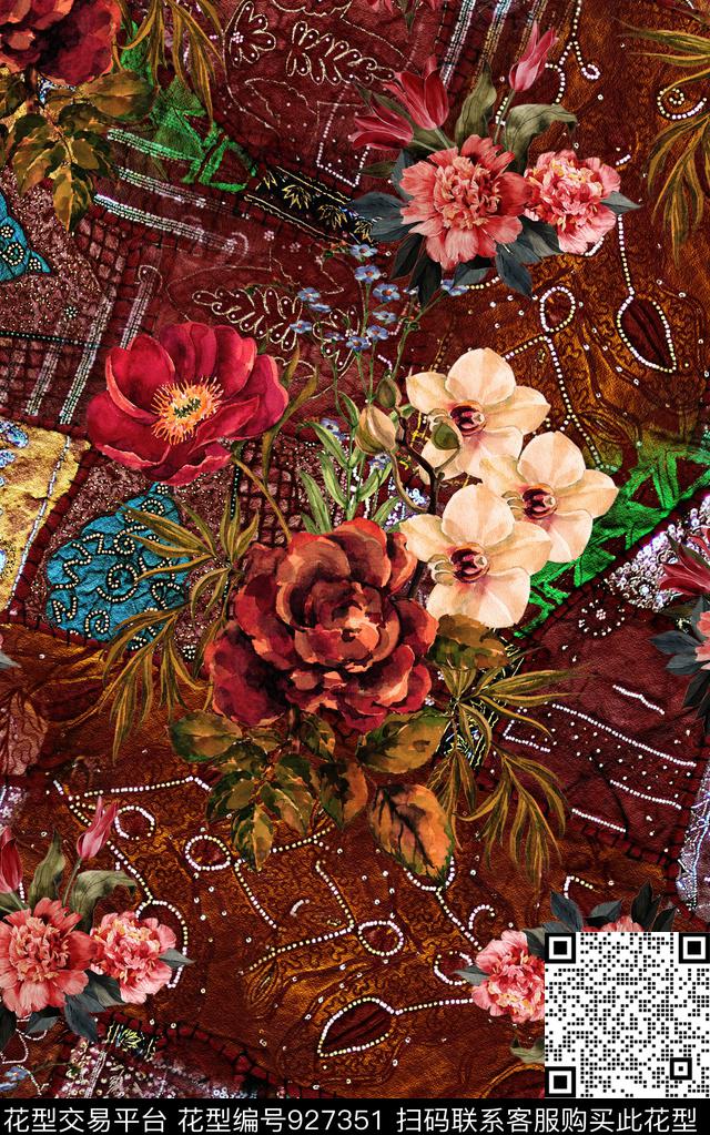 数码华亿平台民族风花卉数码印花华亿平台下载（图片编号: 927351） - 瓦栏（Walan）