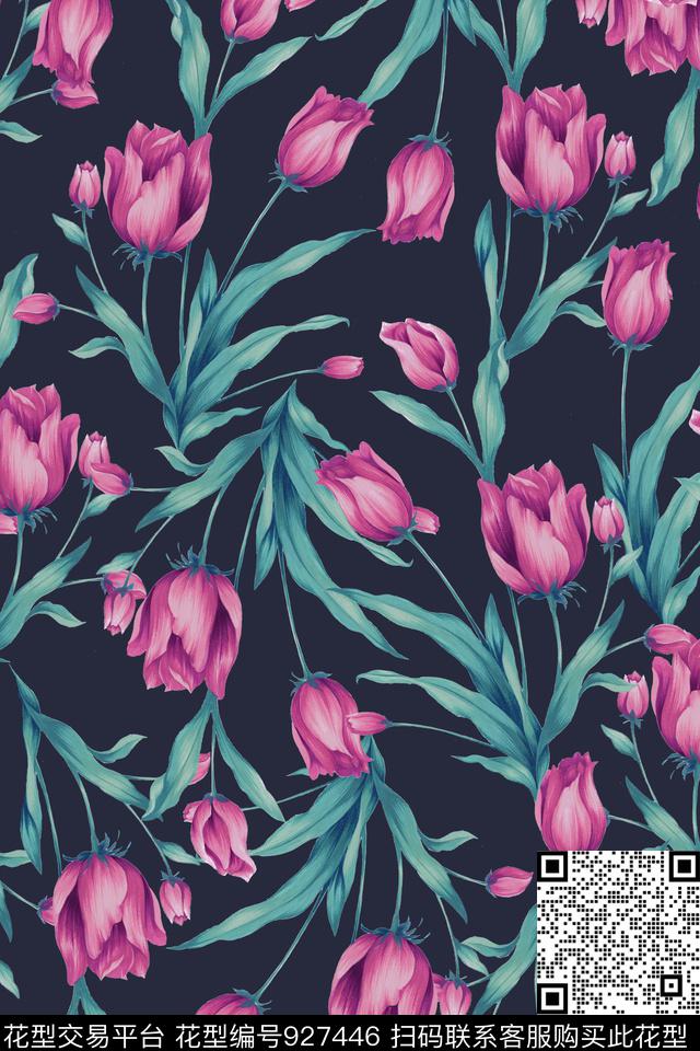 郁金香彩底花卉手绘花卉数码印花华亿平台下载（图片编号: 927446） - 瓦栏（Walan）