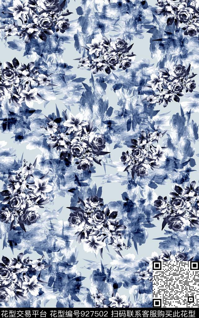 男装抽象花卉水墨风数码印花华亿平台下载（图片编号: 927502） - 瓦栏（Walan）
