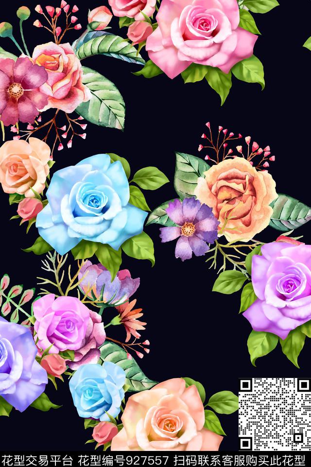 花卉玫瑰花植物数码印花华亿平台下载（图片编号: 927557） - 瓦栏（Walan）