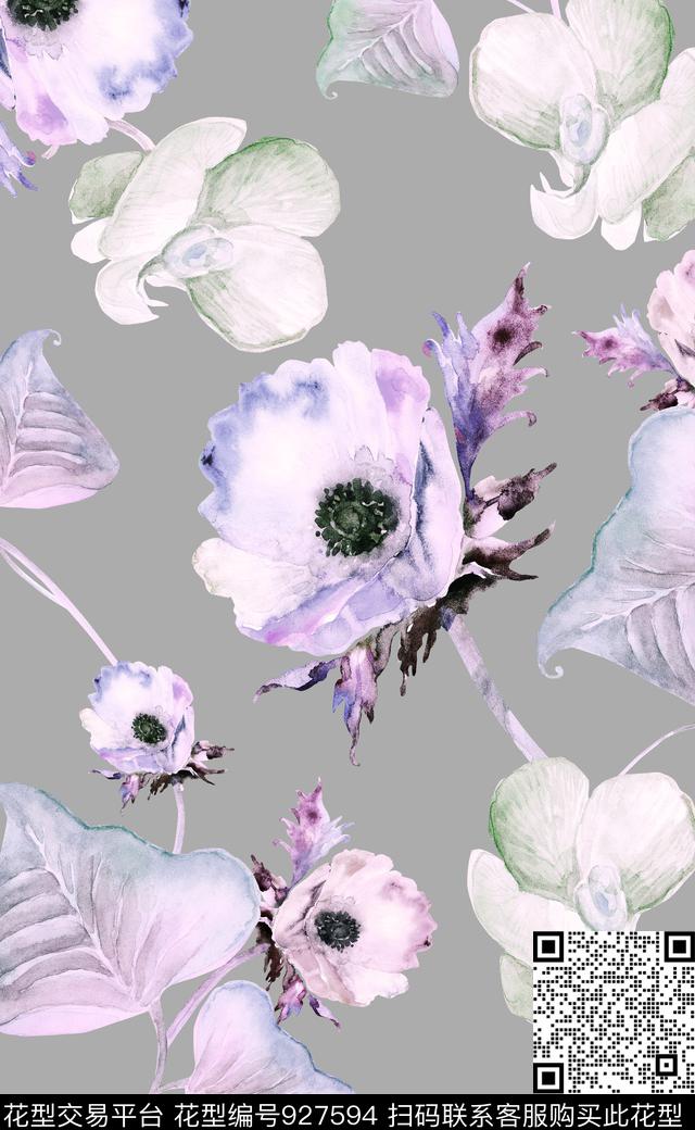大花花卉素雅数码印花华亿平台下载（图片编号: 927594） - 瓦栏（Walan）