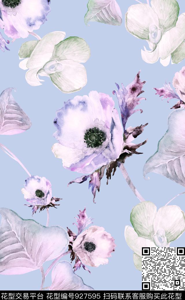 大花花卉素雅数码印花华亿平台下载（图片编号: 927595） - 瓦栏（Walan）