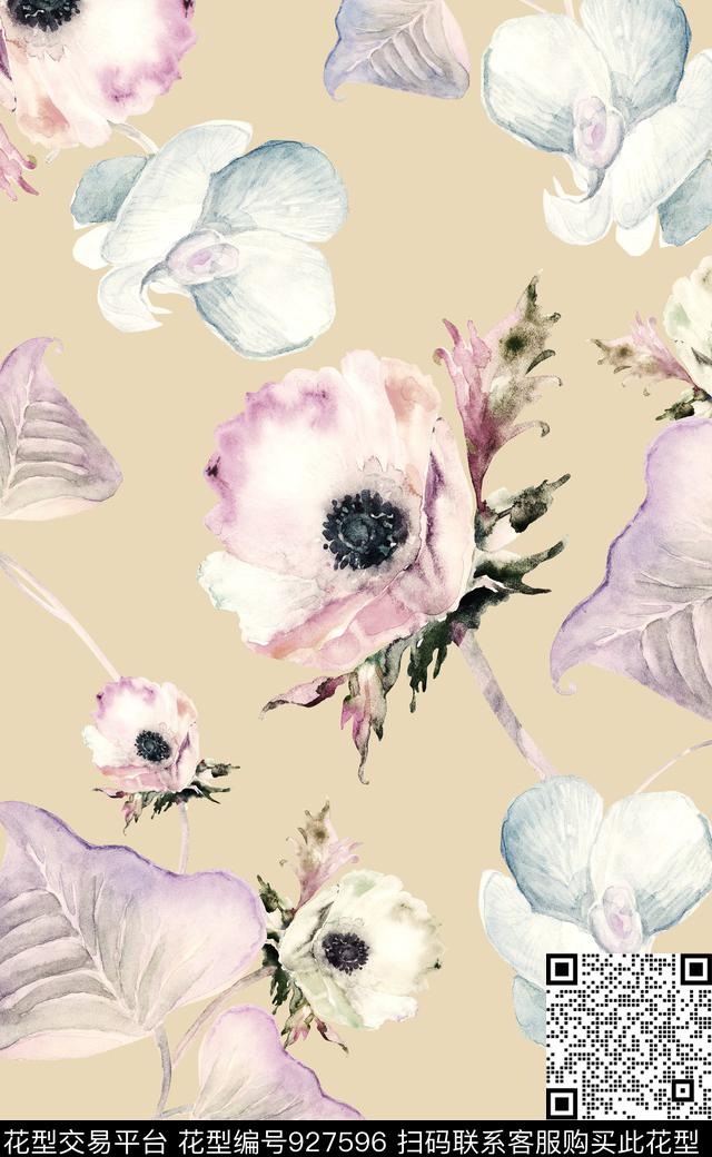 大花花卉素雅数码印花华亿平台下载（图片编号: 927596） - 瓦栏（Walan）