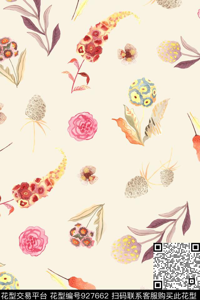 花卉手绘花卉清爽底花卉数码印花华亿平台下载（图片编号: 927662） - 瓦栏（Walan）