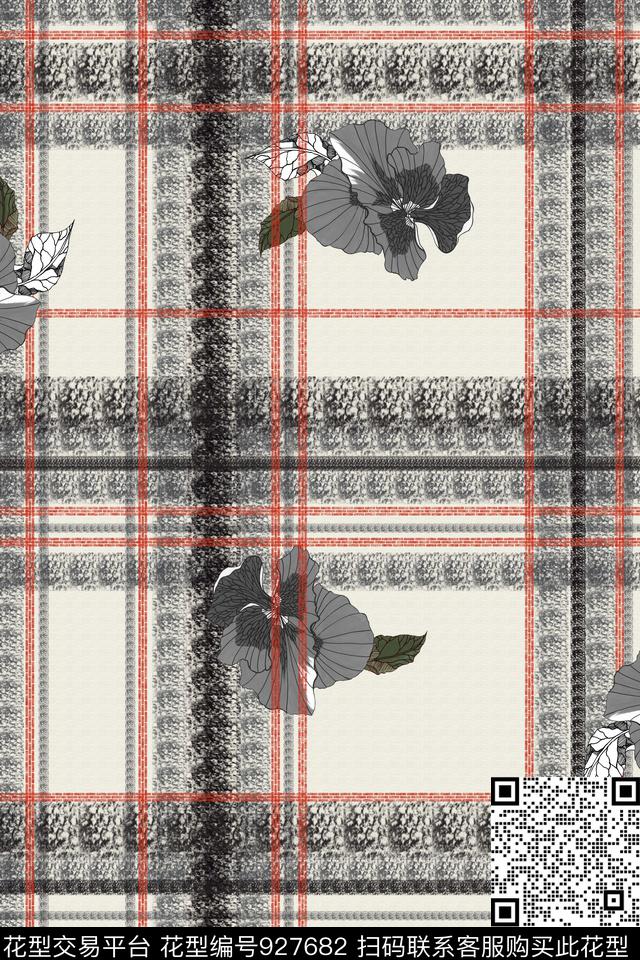 线条格子手绘花卉数码印花华亿平台下载（图片编号: 927682） - 瓦栏（Walan）