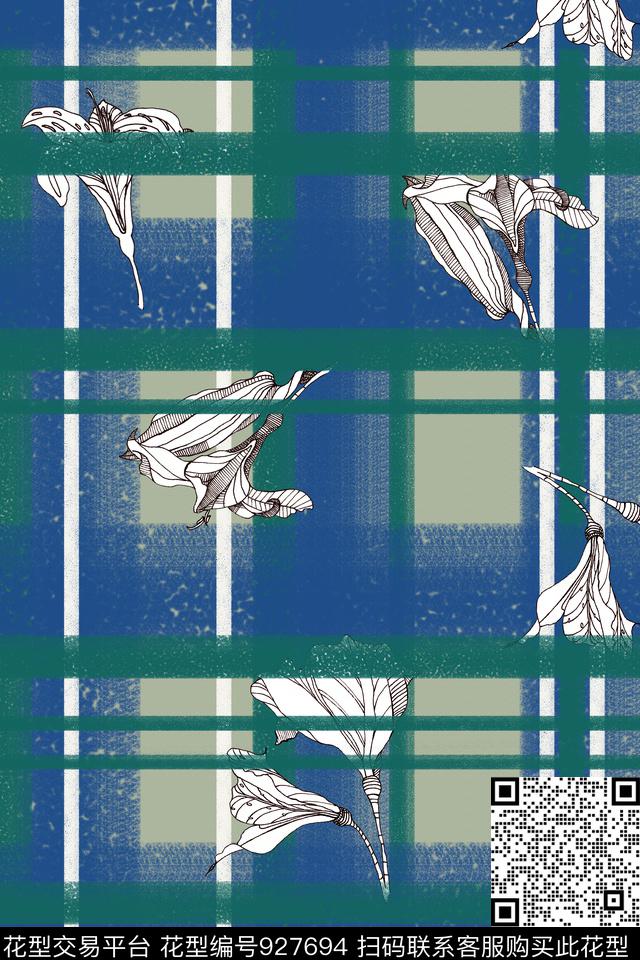 线条格子手绘花卉数码印花华亿平台下载（图片编号: 927694） - 瓦栏（Walan）