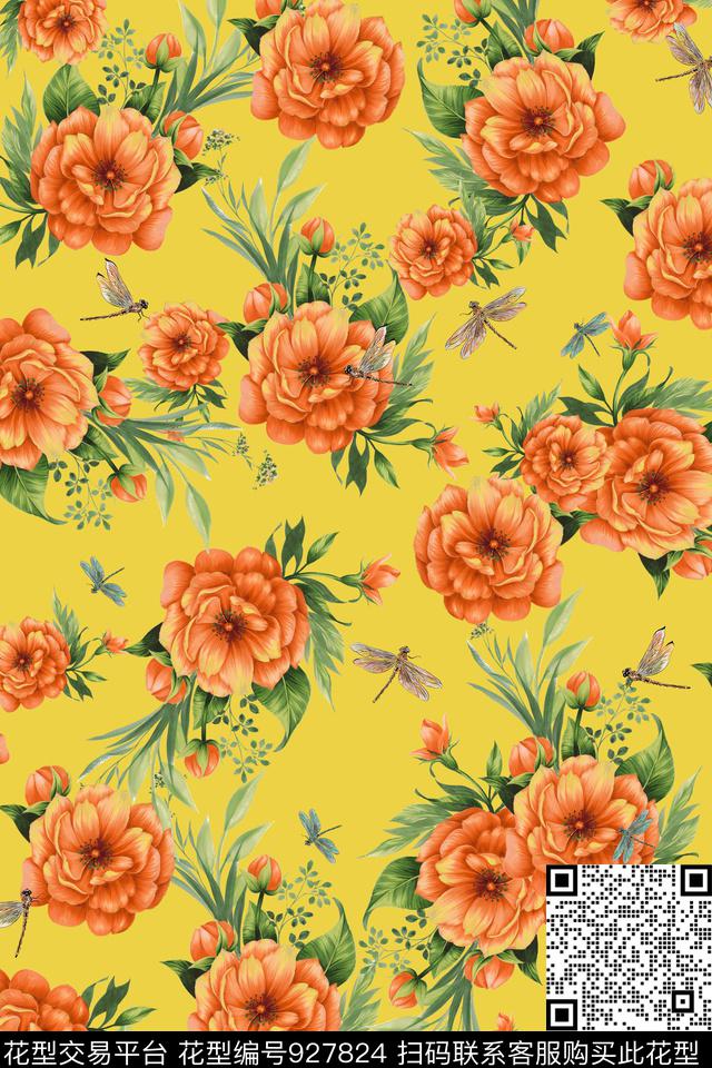彩底花卉手绘花卉复古数码印花华亿平台下载（图片编号: 927824） - 瓦栏（Walan）