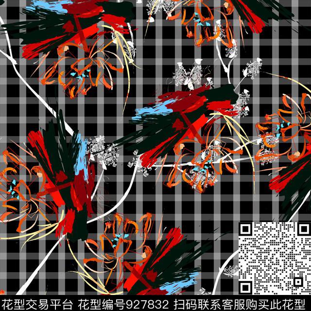 创意花卉男装格子数码印花华亿平台下载（图片编号: 927832） - 瓦栏（Walan）