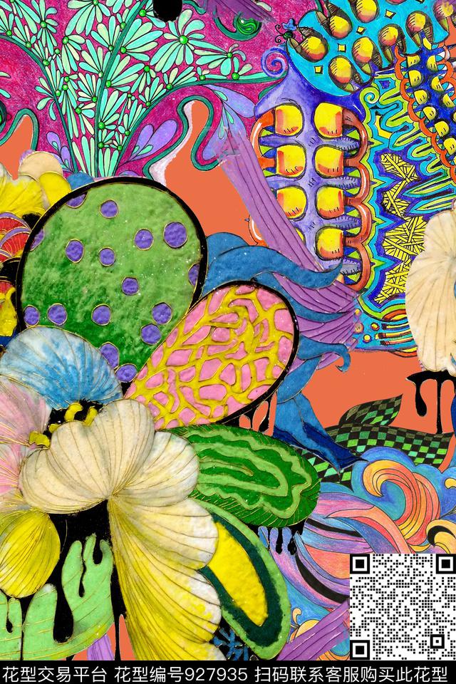 花卉几何抽象数码印花华亿平台下载（图片编号: 927935） - 瓦栏（Walan）