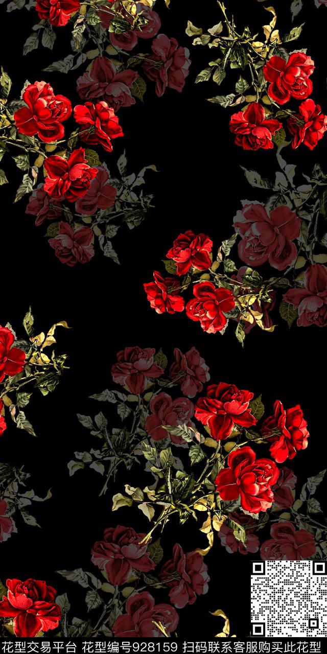 数码华亿平台玫瑰花手绘花卉数码印花华亿平台下载（图片编号: 928159） - 瓦栏（Walan）