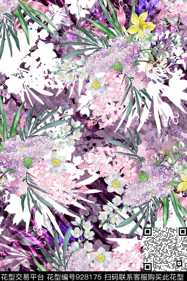 黑底花卉大花中老年数码印花华亿平台下载（图片编号: 928175） - 瓦栏（Walan）