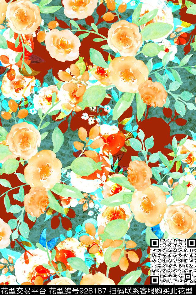 大花水彩花卉彩底花卉数码印花华亿平台下载（图片编号: 928187） - 瓦栏（Walan）