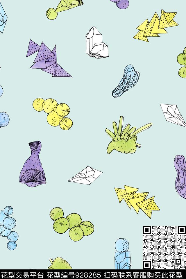 线条几何水彩花卉数码印花华亿平台下载（图片编号: 928285） - 瓦栏（Walan）