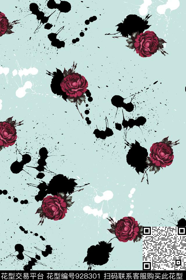 泼墨线条手绘花卉数码印花华亿平台下载（图片编号: 928301） - 瓦栏（Walan）