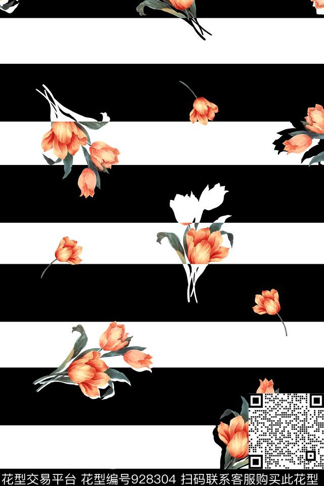 手绘花卉黑白条纹几何数码印花华亿平台下载（图片编号: 928304） - 瓦栏（Walan）