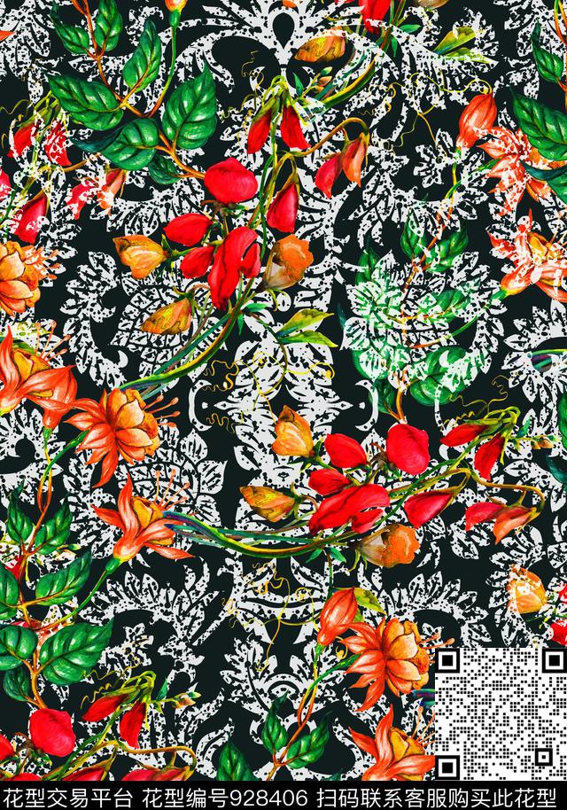 花卉花纹橘红数码印花华亿平台下载（图片编号: 928406） - 瓦栏（Walan）