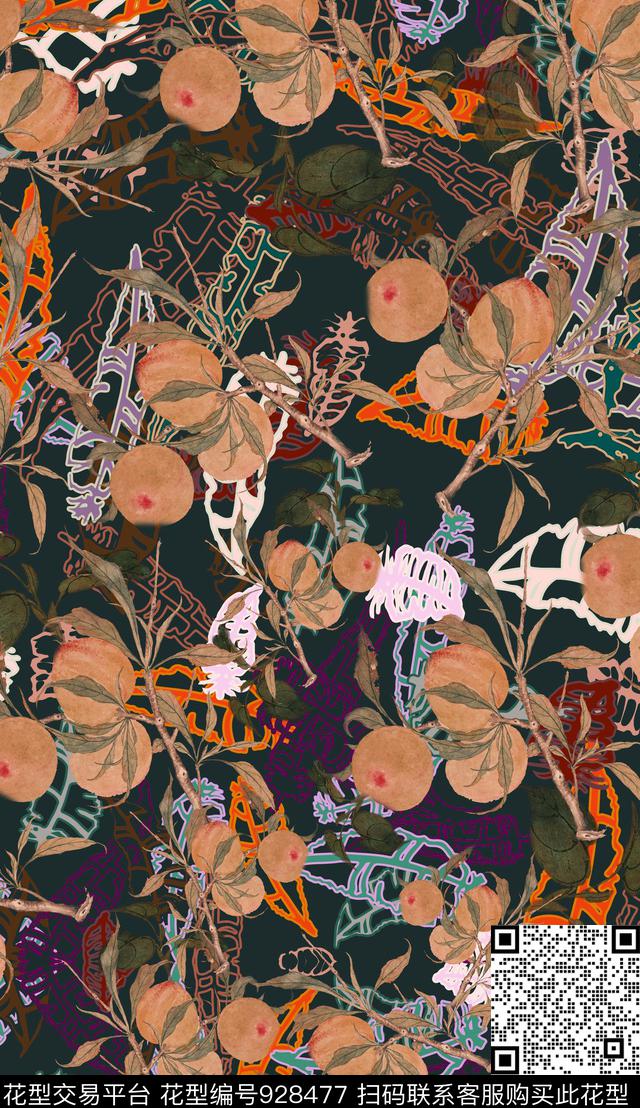 国画中国风桃子数码印花华亿平台下载（图片编号: 928477） - 瓦栏（Walan）