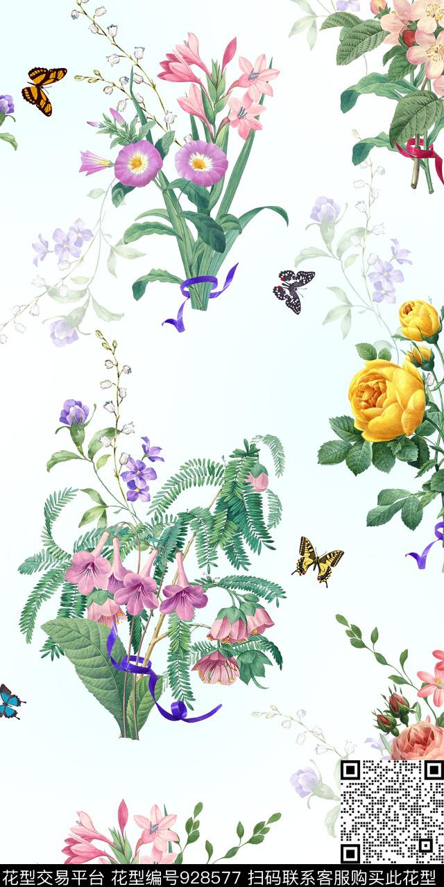 水彩花卉白底花月季花数码印花华亿平台下载（图片编号: 928577） - 瓦栏（Walan）