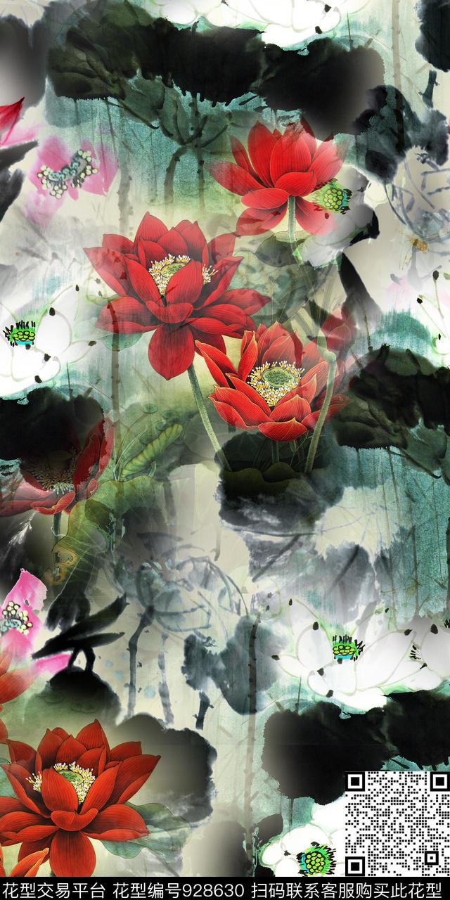 中国风水墨风荷花数码印花华亿平台下载（图片编号: 928630） - 瓦栏（Walan）