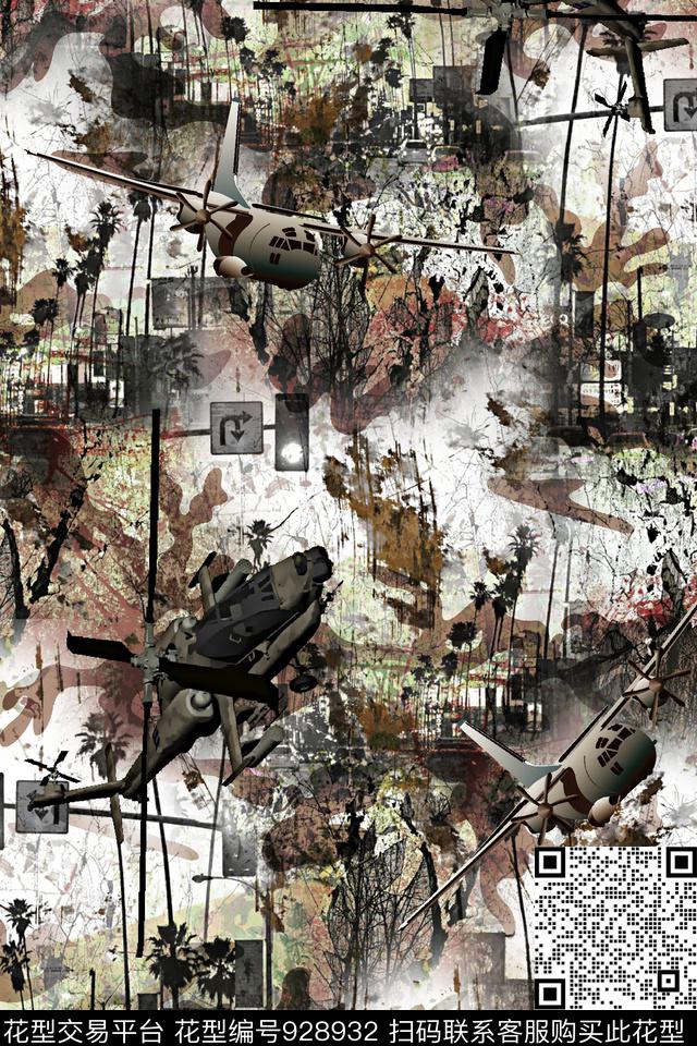 飞机大牌风抽象迷彩数码印花华亿平台下载（图片编号: 928932） - 瓦栏（Walan）