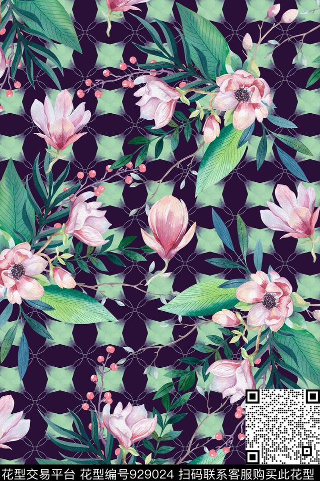 玉兰花彩底花卉水彩花卉数码印花华亿平台下载（图片编号: 929024） - 瓦栏（Walan）