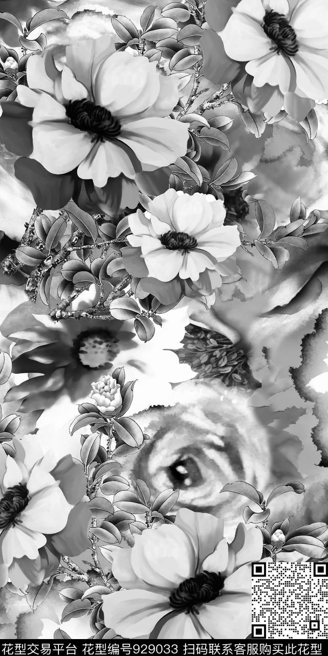 大花花卉黑白华亿平台数码印花华亿平台下载（图片编号: 929033） - 瓦栏（Walan）
