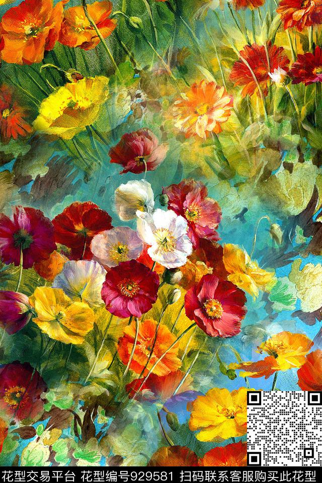 花卉抽象手绘花卉数码印花华亿平台下载（图片编号: 929581） - 瓦栏（Walan）