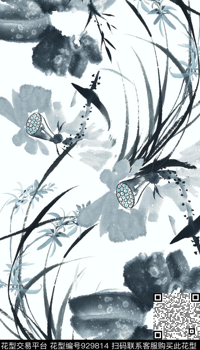 中国风素雅兰花数码印花华亿平台下载（图片编号: 929814） - 瓦栏（Walan）